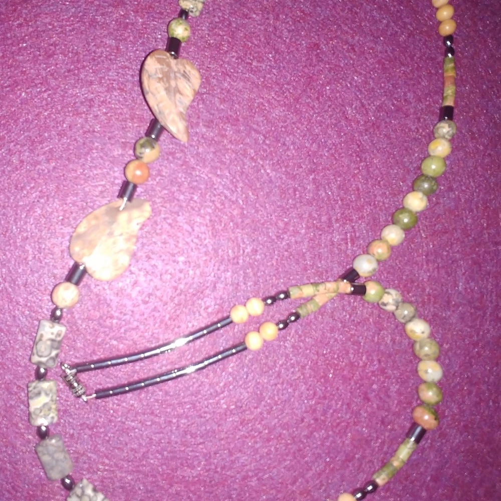 Picture Jasper Double Leaf Pendant Necklace